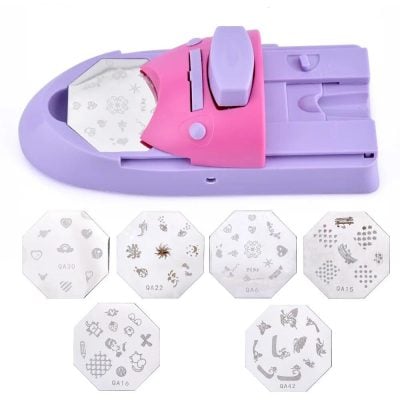 High-quality nail stamping kit with multiple templates for creative nail art and manicure designs. Perfect for professional salons or DIY nail enthusiasts. Easy to use and versatile.