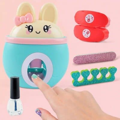 Deluxe bunny-shaped nail dryer with colorful accessories for kids' nail art and fun beauty sessions. Safe, easy to use, perfect for young children.