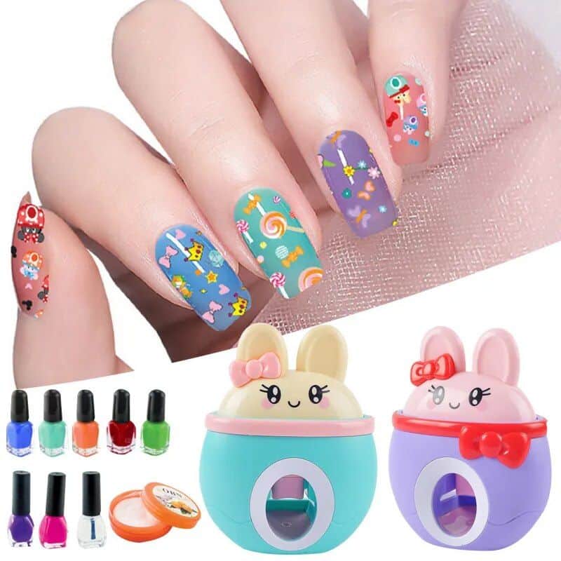 Bright and playful bunny-themed nail polish containers with adorable animal designs. Perfect for creative kids who love cute nail art and fun beauty accessories.