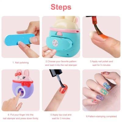 Nail polish sticker application process with fun character design.