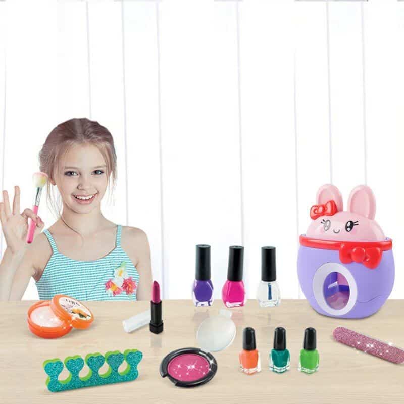 Playful cute girl enjoying colorful nail polish and makeup toys designed for children’s fun and creativity.