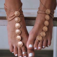 Beautiful gold anklet with intricate spherical design and chain detail, perfect for stylish summer footwear or traditional Indian occasions.