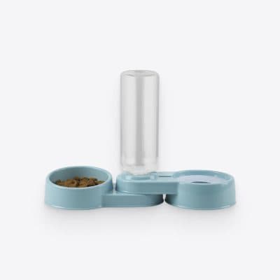 Alt text: Modern pet water dispenser with a light blue base, a water bottle, and a food bowl filled with dry kibble, ideal for pet hydration and feeding.