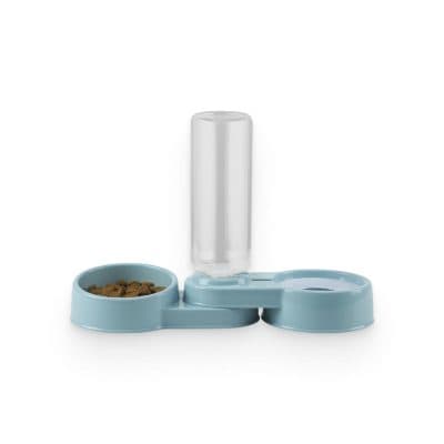 Pet water dispenser featuring a blue bowl, a water bottle, and a leak-proof design for easy hydration; perfect for cats and small dogs to keep them hydrated on the go.