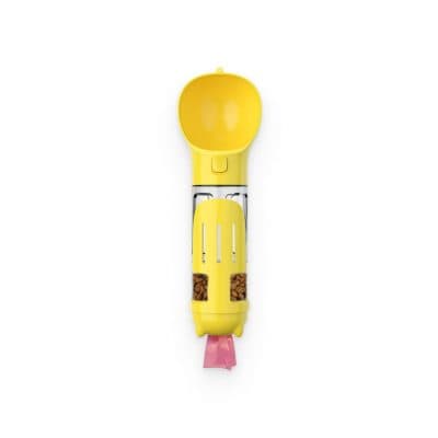 Bright yellow pet treat dispenser with a transparent compartment for kibble and a pink dispensing outlet. Perfect for engaging your pet and rewarding good behavior effortlessly.