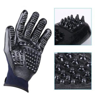 Black textured therapeutic gloves with multiple massage nodes for hand therapy, skin exfoliation, and relaxation.