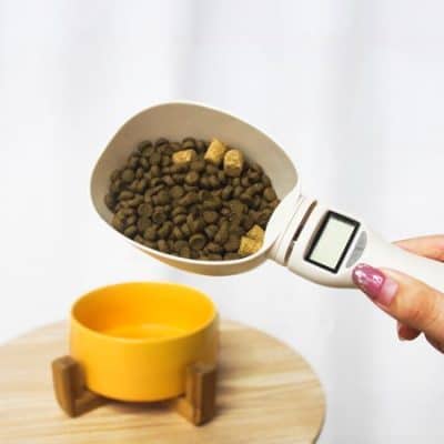 Digital pet food scale measuring dog food pellets for exact feeding portions.