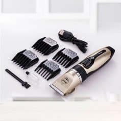 Rechargeable hair trimmer with multiple attachment combs for grooming. Includes cleaning brush, oil, and charging cable for easy maintenance and precise hair cutting.