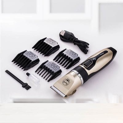 Rechargeable hair trimmer with multiple attachment combs for grooming. Includes cleaning brush, oil, and charging cable for easy maintenance and precise hair cutting.