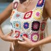 An elegant crochet sleeveless top with colorful granny squares perfect for beach or casual wear from Monalisa Store.