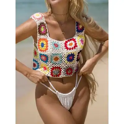 Bright colorful crochet tank top perfect for beachwear and summer fashion. Trendy, handmade crochet tops from Monalisa Store enhance your beach look with vibrant, stylish designs.