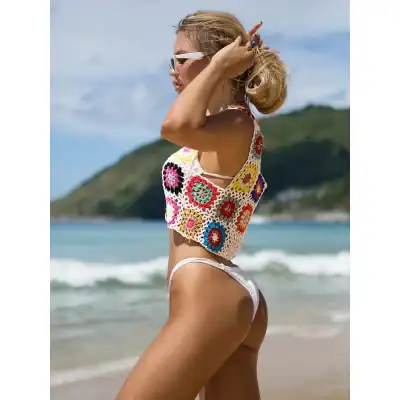 Stylish crochet top and swimwear for summer beach fashion.