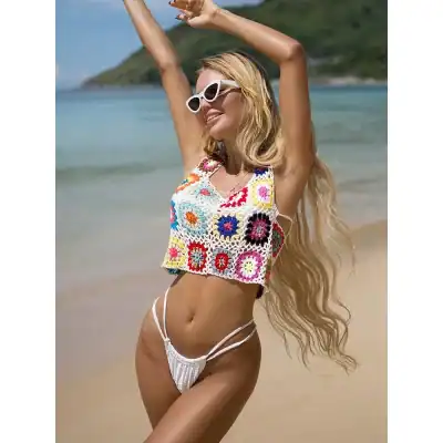 Stylish crochet crop top for women, perfect for beach and summer outings. Pair with white bikini bottoms for a trendy, comfortable beach look. Shop now at Monalisa Store for the best in women’s swimwear and resort wear.