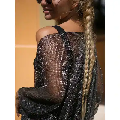 Fashion top with shimmering rhinestones, stylish cold-shoulder design, perfect for trendy casual or party wear, available at Monalisa Store.