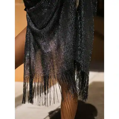 Luxurious black fringed shawl with shimmering metallic threads, perfect for stylish women seeking fashionable accessories from Monalisa Store.