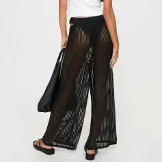Breathable black mesh wide-leg pants perfect for beachwear and summer fashion, offering a stylish and lightweight option for resort or casual outdoor settings.