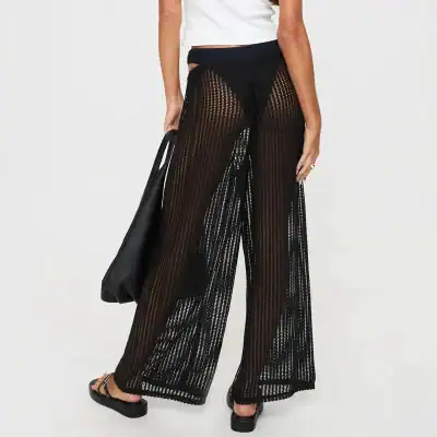 Breathable black mesh wide-leg pants perfect for beachwear and summer fashion, offering a stylish and lightweight option for resort or casual outdoor settings.