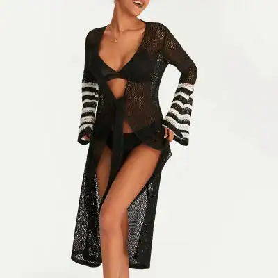 Black mesh cover-up with striped sleeves, perfect for beachwear and poolside style.