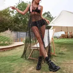 Stylish black mesh dress with rhinestones, perfect for trendy and bold fashion statements.