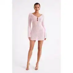 Elegant pink crochet dress with long sleeves, keyhole neckline, and fitted silhouette perfect for fashionable summer outings.