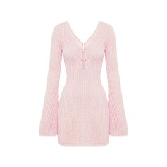 High-quality pink crochet dress with long sleeves, V-neckline, and gold button details, perfect for stylish occasions.
