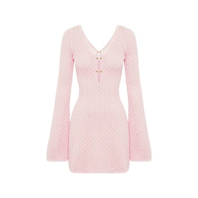 High-quality pink crochet dress with long sleeves, V-neckline, and gold button details, perfect for stylish occasions.