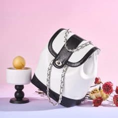 Elegant black and white handbag with silver chain detail for women’s fashion.