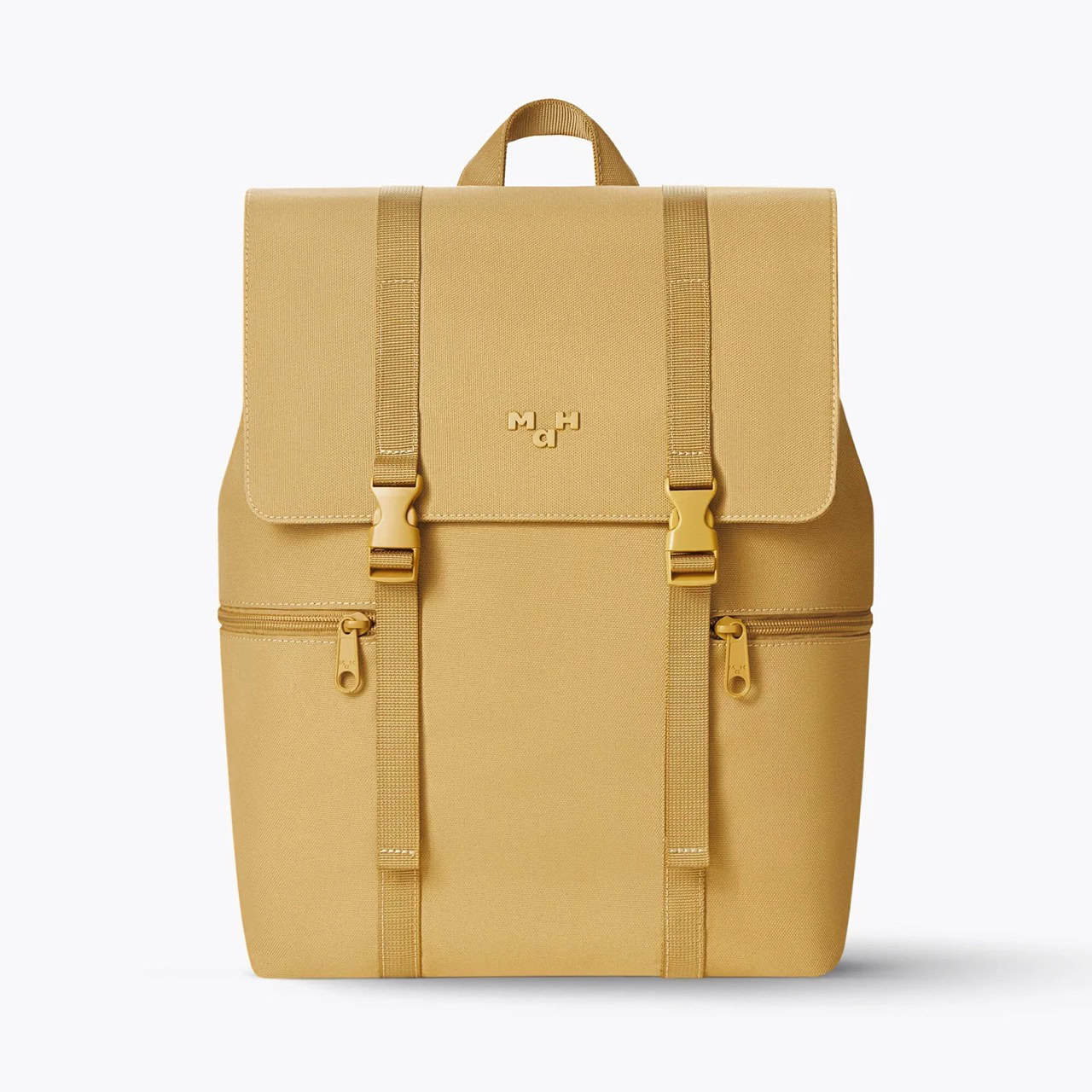 Bright yellow backpack with multiple compartments, ideal for eye care professionals and eyewear enthusiasts.