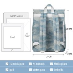 Durable blue patterned school backpack with multiple compartments, fits 14-inch laptop, tablet, A4 papers, and accessories; includes water glass and umbrella slots.