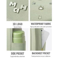 Close-up of water-resistant fabric with water droplets, 3D logo, side pocket, and backsheet pocket for phones, enhancing your travel and daily carry needs.