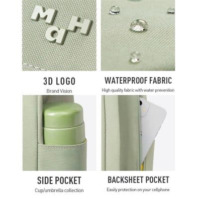 Close-up of water-resistant fabric with water droplets, 3D logo, side pocket, and backsheet pocket for phones, enhancing your travel and daily carry needs.