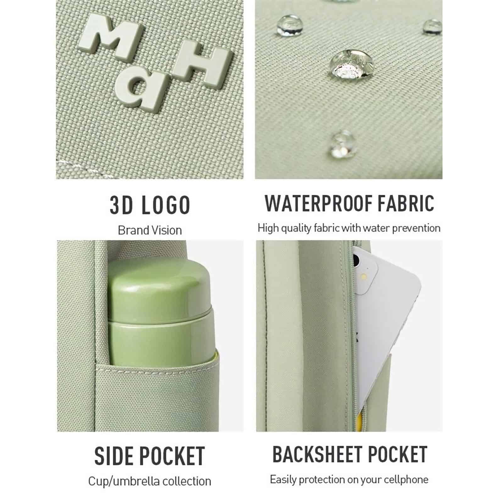 Close-up of water-resistant fabric with water droplets, 3D logo, side pocket, and backsheet pocket for phones, enhancing your travel and daily carry needs.