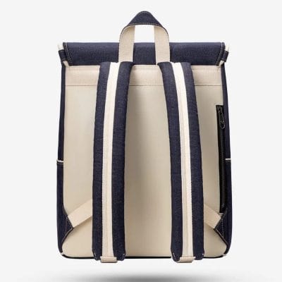 High-quality navy and beige striped backpack for everyday use, featuring durable fabric, multiple compartments, and comfortable straps. Perfect for work, school, and travel needs.