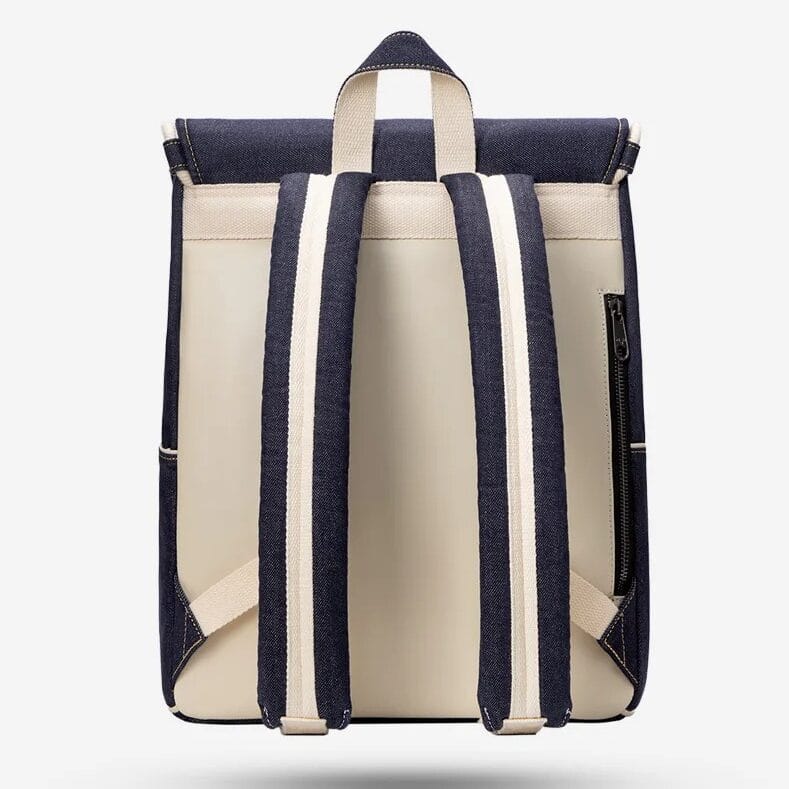 High-quality navy and beige striped backpack for everyday use, featuring durable fabric, multiple compartments, and comfortable straps. Perfect for work, school, and travel needs.