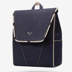 Optical store backpack for glasses and accessories. Durable navy fabric with white piping, ideal for everyday use and travel. Perfect for busy professionals and eyewear enthusiasts.