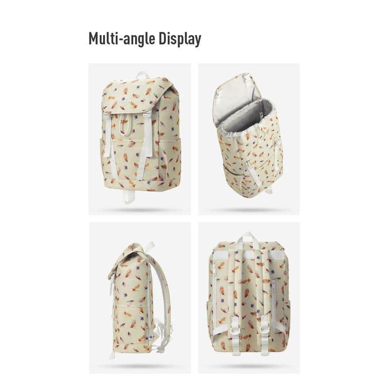 Stylish multi-angle view of a trendy printed backpack for eye protection and fashion, perfect for school or travel.