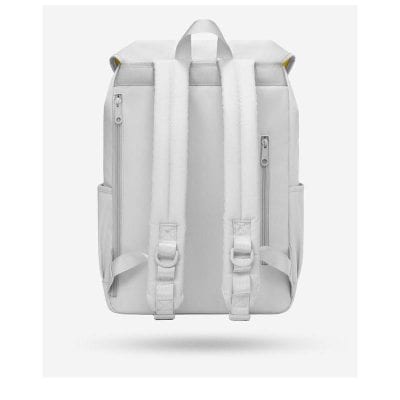 White stylish backpack with multiple pockets and adjustable straps for travel, school, or daily use.