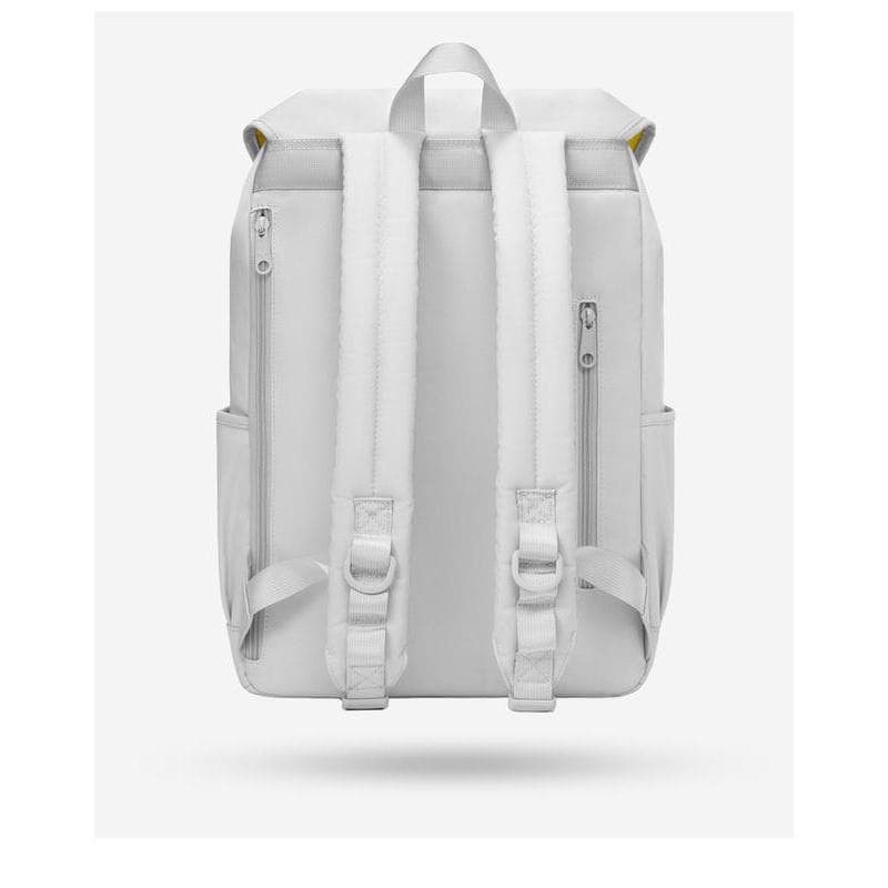 White stylish backpack with multiple pockets and adjustable straps for travel, school, or daily use.