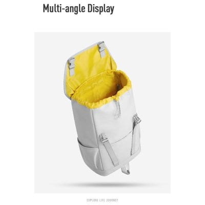 A modern white optical bag with a yellow interior, designed for eye care professionals to organize glasses and accessories efficiently on the go.