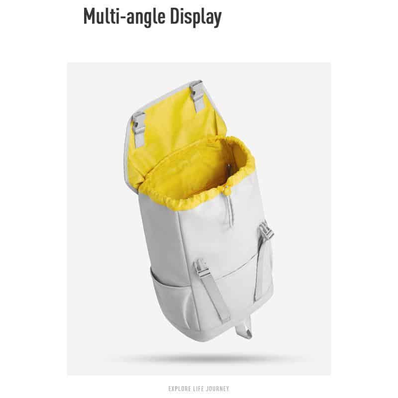 A modern white optical bag with a yellow interior, designed for eye care professionals to organize glasses and accessories efficiently on the go.
