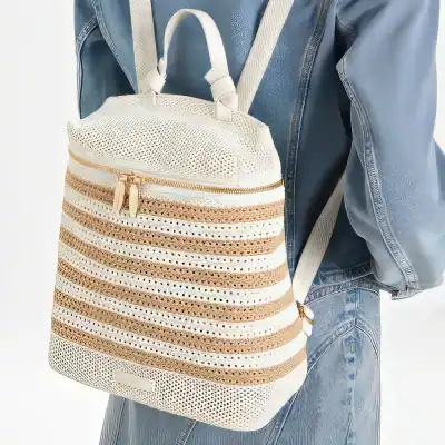 Image of a trendy woven backpack featuring a modern color block pattern and functional zipper closure, perfect for women and girls seeking fashionable accessories at Monalisa Store.
