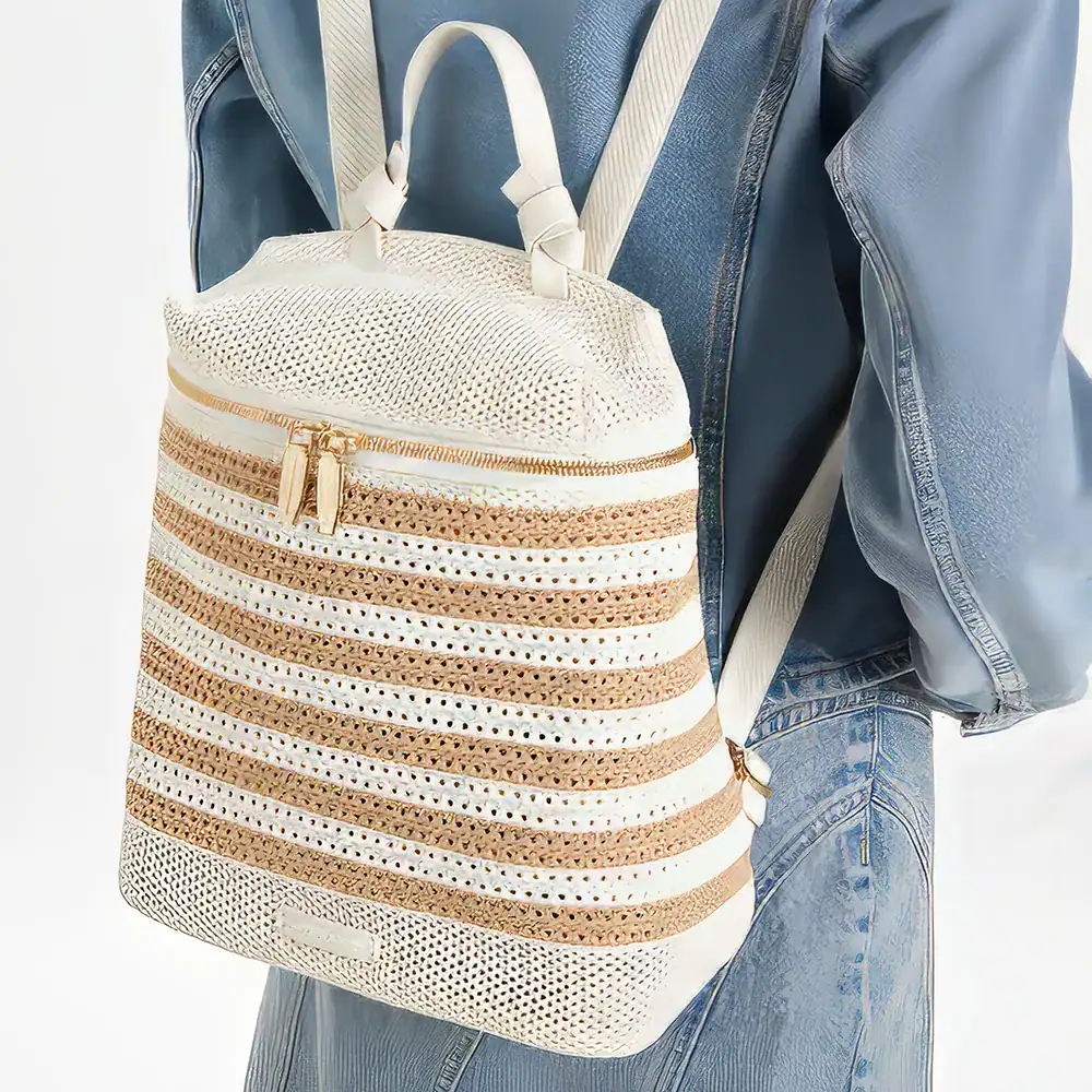 Image of a trendy woven backpack featuring a modern color block pattern and functional zipper closure, perfect for women and girls seeking fashionable accessories at Monalisa Store.