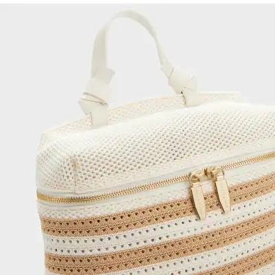 Stylish white crochet tote with gold zipper, perfect for beach, travel, or daily essentials. Features durable handle with knot detail, trendy and chic for summer outings.