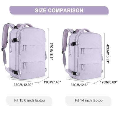 Comfortable pastel purple backpack with multiple compartments and adjustable straps, ideal for students and travelers. Spacious design fits 14-15.6 inch laptops with ergonomic features.