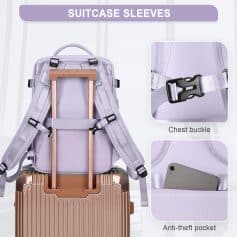 Light purple backpack with suitcase sleeve, chest buckle, anti-theft pocket for travel and luggage security. Perfect for travel accessories and carry-on safety.
