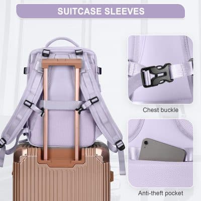 Light purple backpack with suitcase sleeve, chest buckle, anti-theft pocket for travel and luggage security. Perfect for travel accessories and carry-on safety.