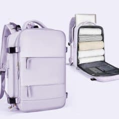 Light purple travel backpack with multiple compartments and packing cubes for organizing clothing and essentials easily.