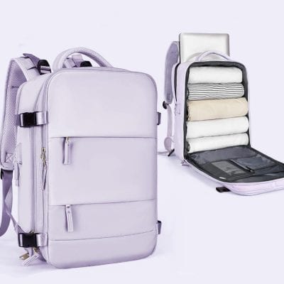 Light purple travel backpack with multiple compartments and packing cubes for organizing clothing and essentials easily.
