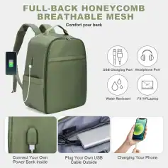 Optical backpack featuring USB charging port, headphone socket, water resistance, and 14