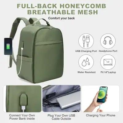 Optical backpack featuring USB charging port, headphone socket, water resistance, and 14